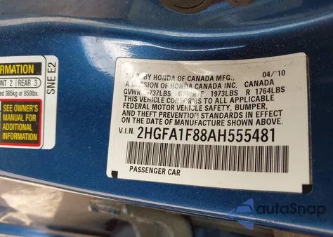 2010 Honda Civic Ex from USA, damaged, VIN 2HGFA1F88AH555481